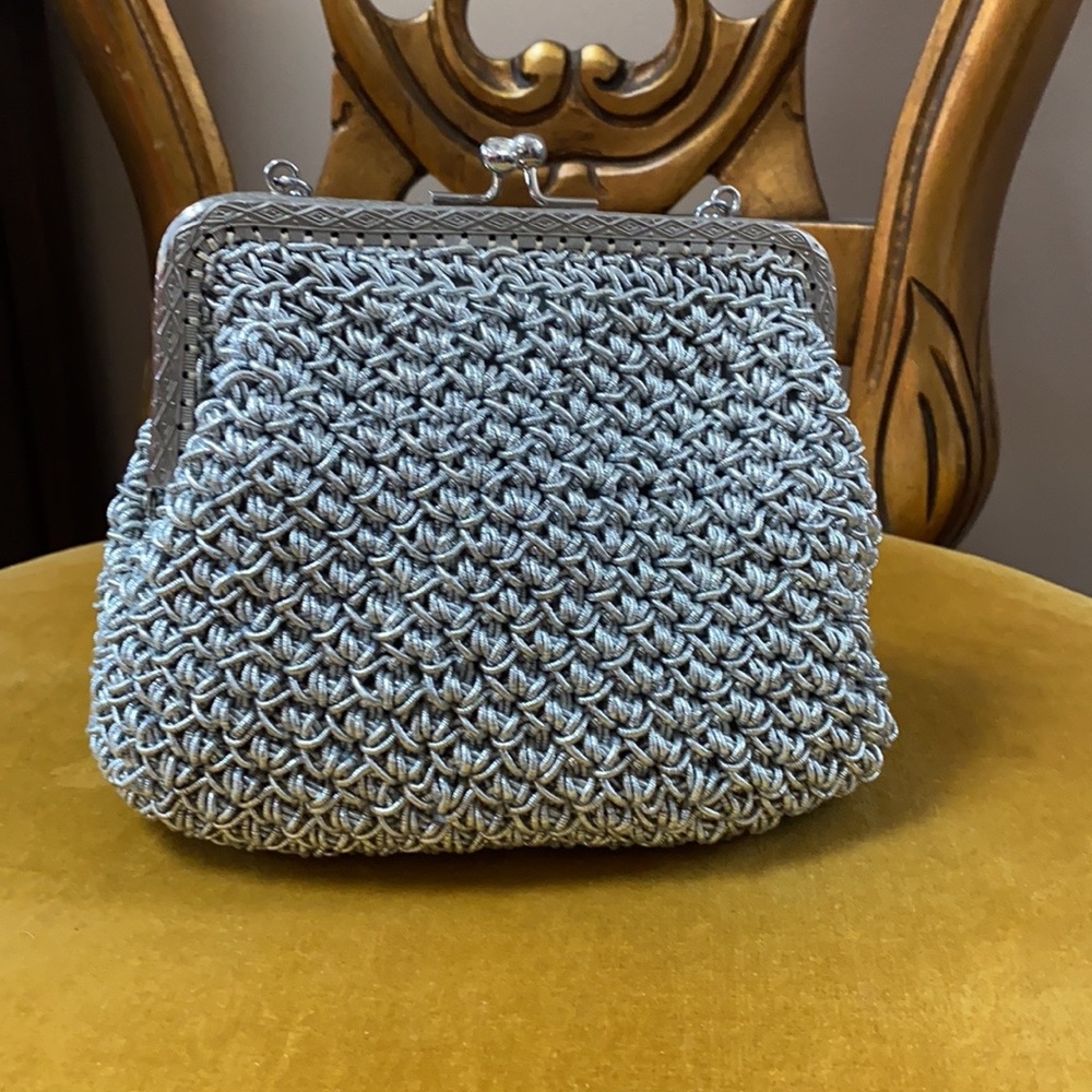VTG 50’s Silver Woven Knitted Crochet Rhinestone Kisslock Purse Bag - Picture 2 of 10